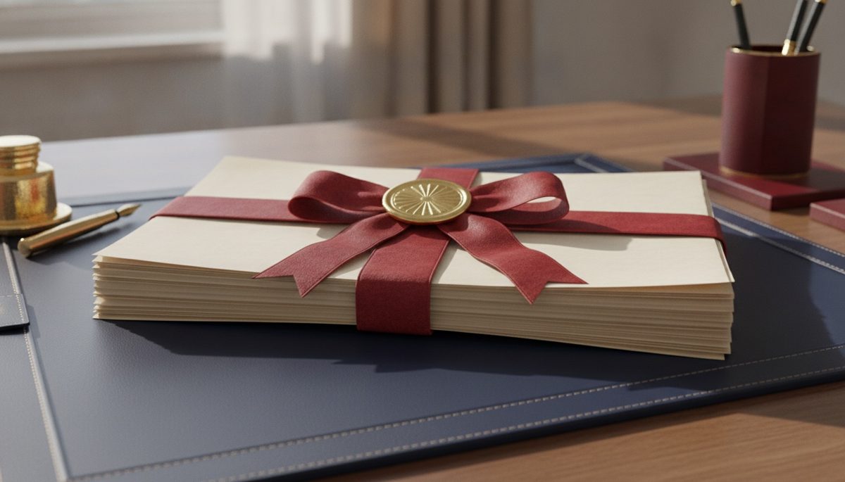 Stack of documents tied with a red ribbon and a gold seal, ready for Maryland apostille processing