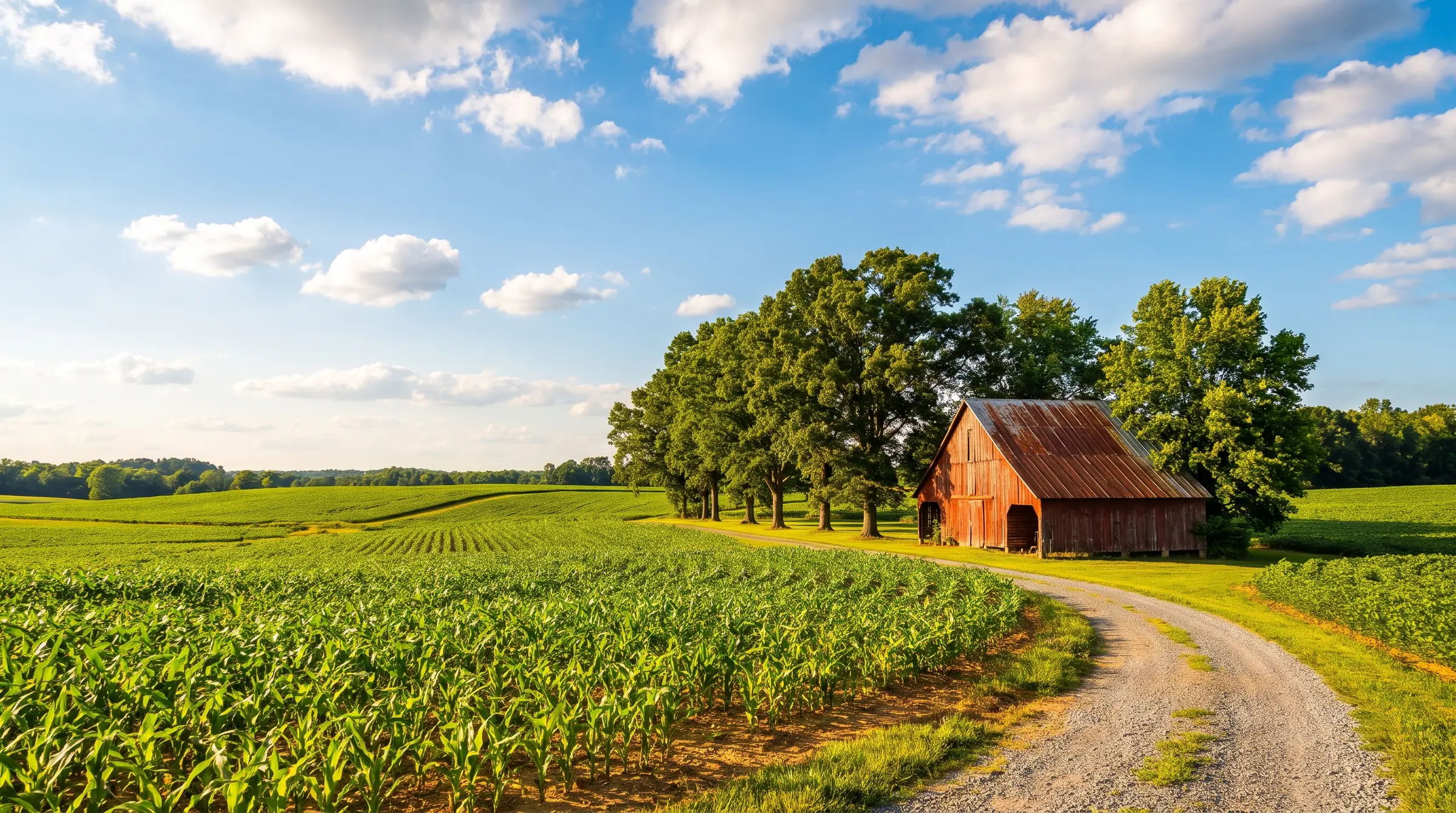 Green farm fields and a red tobacco barn under a blue sky in the White Plains area of Charles County