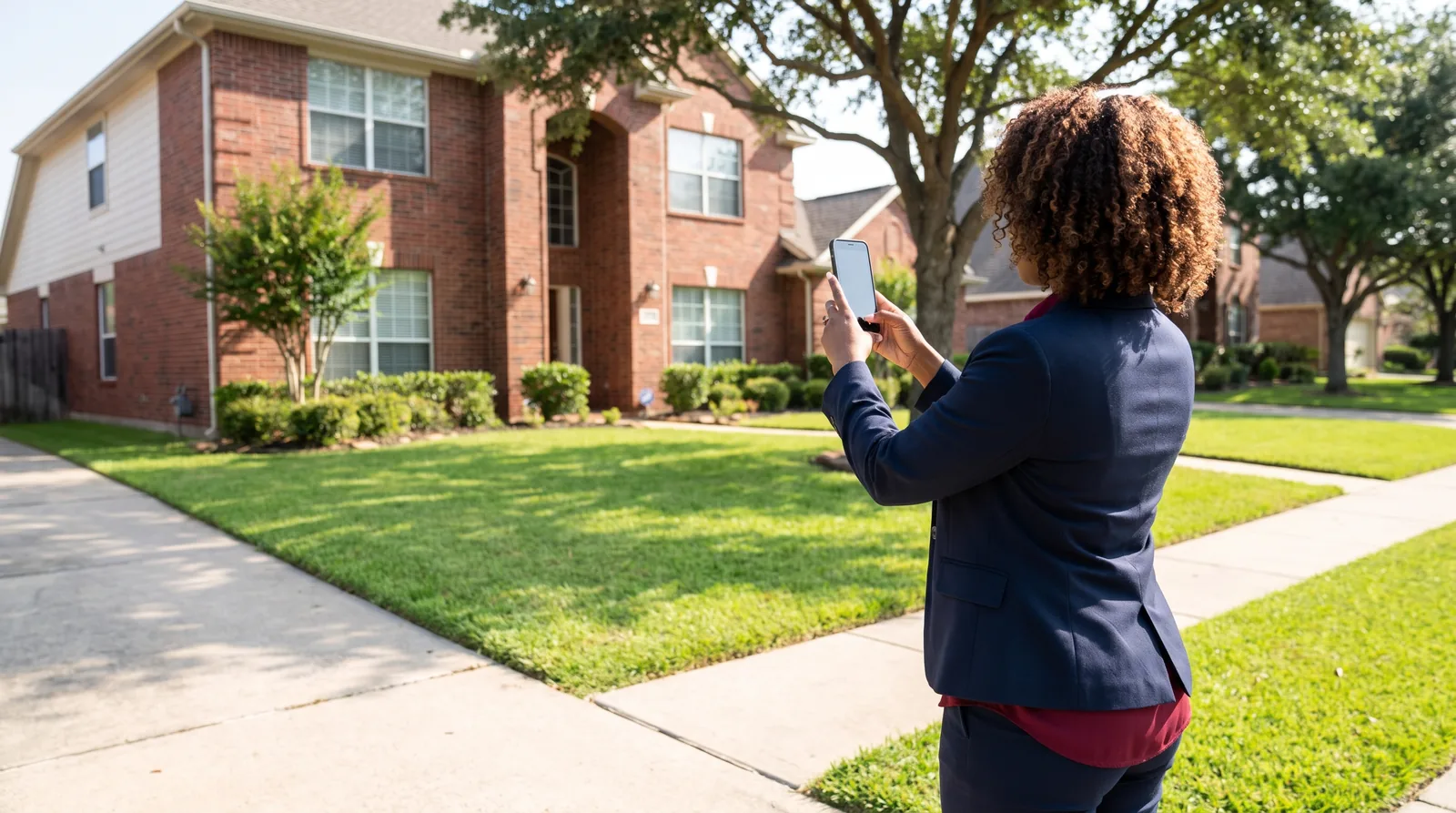 Woman in a navy blazer, seen from behind, photographing a two-story brick house with her phone for a field inspection