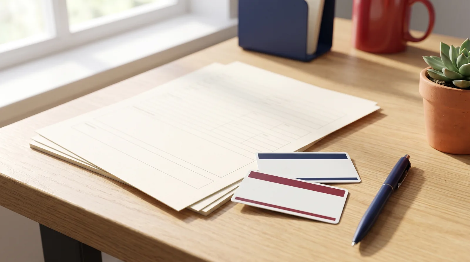 Blank employment forms and two generic ID cards on an office desk, for a Form I-9 appointment