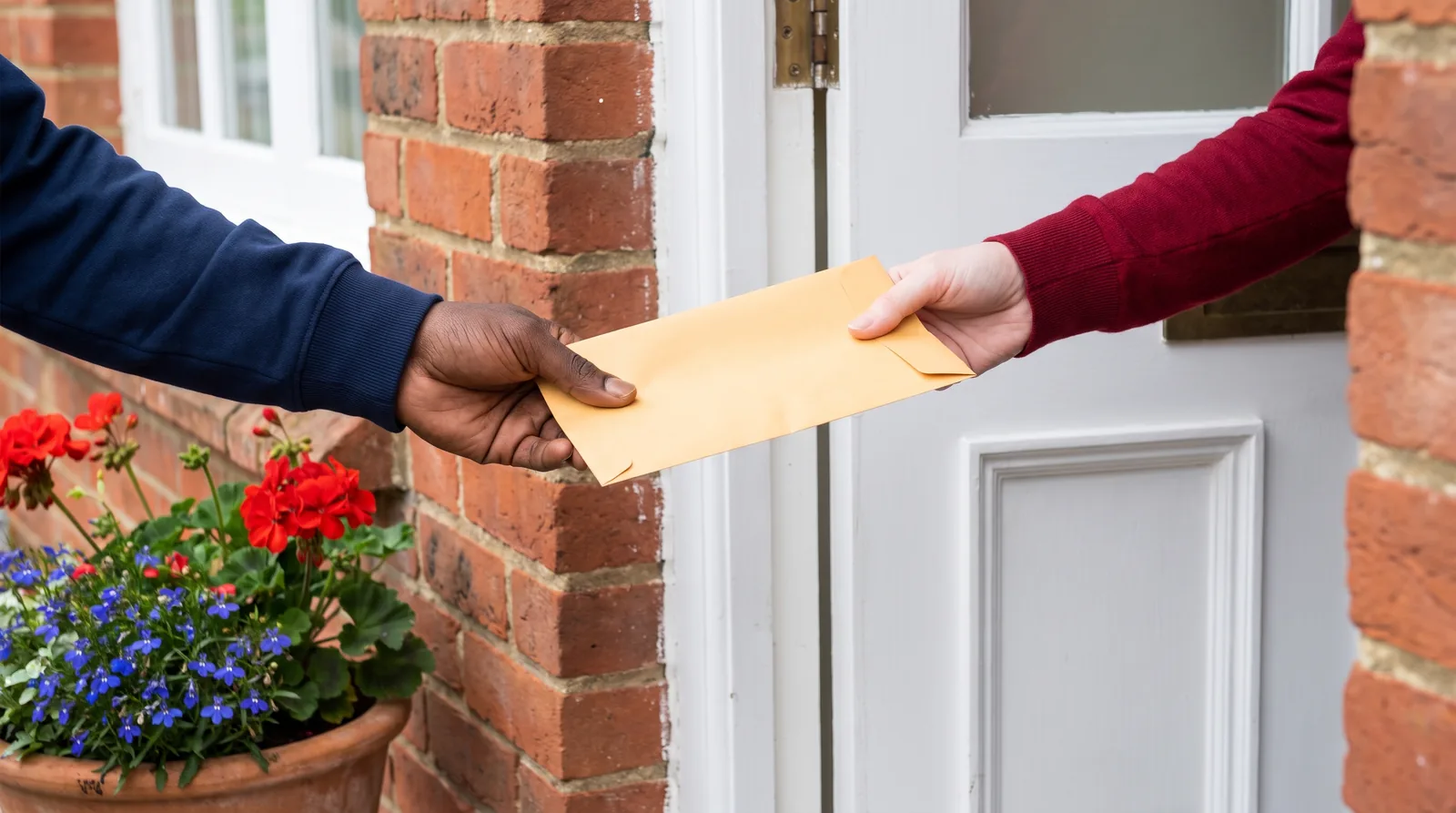 Two hands of different skin tones passing a sealed envelope at a front door