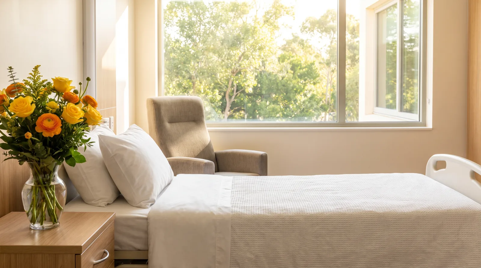 Bright private hospital room with flowers on the bedside table, ready for a bedside notarization